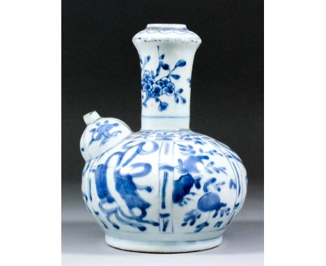 A Chinese blue and white porcelain bulbous kendi with domed spout and short cylindrical neck decorated with stylised figures,