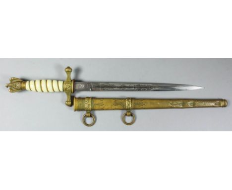 A German World War II Kriegsmarine Naval Officer's dress dagger, 10ins bright steel double-edged blade etched with anchor and