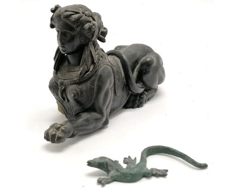 Patinated bronze monitor lizard (11.4cm) t/w spelter sphinx (missing 1 leg) 