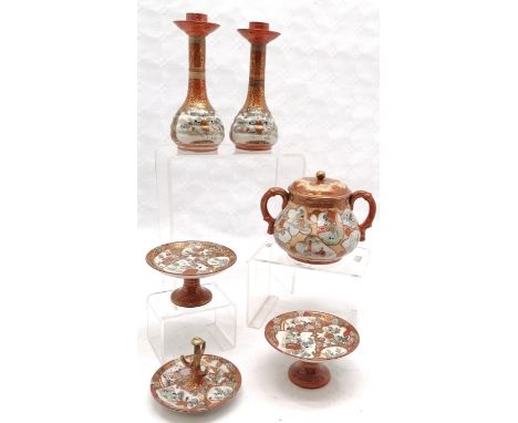 Japanese kutani pair of tazzas, pair of candlesticks (17.5cm), sugar basin &amp; ring holder etc - tazzas no obvious damage &