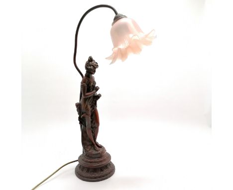 Antique style Fleurs des champs figural lamp with glass shade - 58cm high &amp; no obvious damage 