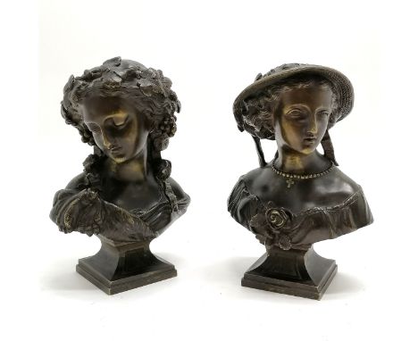 Pair of antique bronze busts of ladies (1 wearing bonnet) by Eugène-Antoine Aizelin (1821-1902) - 17cm