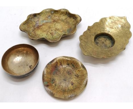 Oriental bronze dish in the form of a lily pad leaf - 15.5cm across with old (gold?) repair t/w 3 brass dishes 