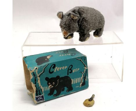 Vintage clockwork Clever Bear by Alps with original box (missing flaps) and has replacement key - box 12.5cm x 7.5cm x 5cm &a