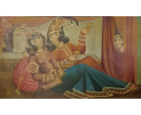 Qajar style original signed painting on canvas of a couple courting with a voyeur behind the curtains - 102cm x 60cm 