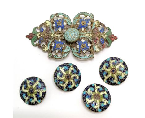 4 x antique enamel buttons t/w enamel buckle with arabic detail to centre (10cm) ~ slight losses to enamel 