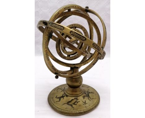 Brass vintage armillary sphere with signs of zodiac ring &amp; constellation detail to base - 28cm high and has Made in Engla