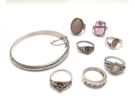 7 x silver rings (1 unmarked &amp; has loose stone) t/w silver bangle (6.5cm total diameter) ~ 36g total weight 