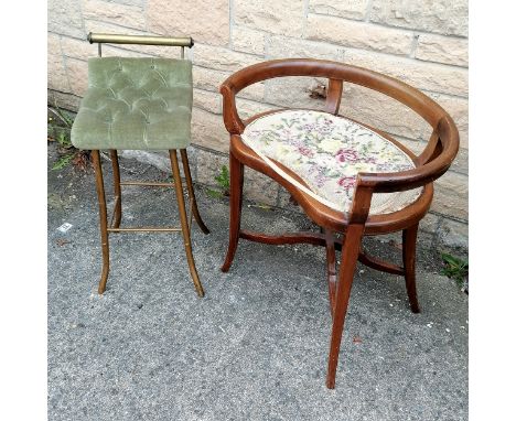 Victorian mahogany kidney shaped dressing table stool with chequer line inlay, and tapestry seat,  56 cm wide 65 cm high, 35 