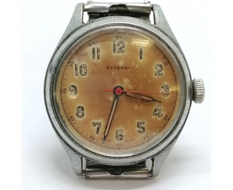 WWII German military stainless steel cased General manual wind tropical dial wristwatch (32mm case) on stretchy bracelet &amp