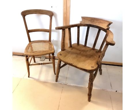 Antique bow back Elm captain's chair, repair to back and requires restoration, 67 cm wide, 46 cm to height of seat, 59 cm dee