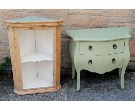 Antique pine corner shelf with green and white paint detail 91cm x 63cm t/w green painted small 2 drawer bombe chest. 