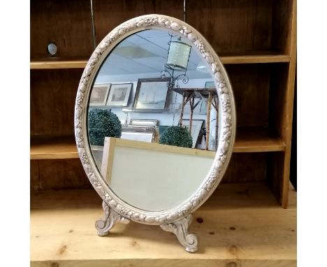 Vintage oval silver coloured easel back dressing table mirror, 57 cm high, 42 cm wide, good condition. 