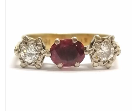 18ct marked gold ruby &amp; diamond ring - size K &amp; 4.2g total weight ~ the ruby has a small natural fault on side 