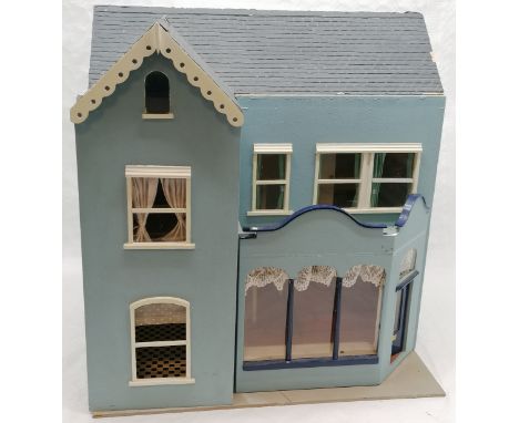Vintage blue dolls house with double front opening 62cm high x 58cm wide x 39cm deep - in overall good used condition apart f