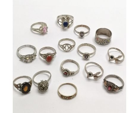 13 x silver stone &amp; enamel set rings (2 unmarked) inc Thailand enamel etc - total weight 37g t/w 2 costume rings 