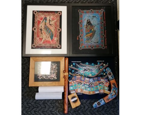 Aboriginal art including printed fabric panel 50cm x 43cm, boomerang, 3 framed fabric panels, musical instrument etc. 