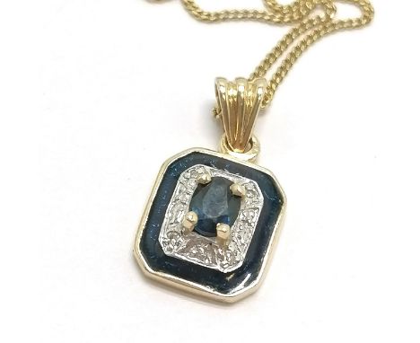14ct hallmarked gold sapphire / diamonds / blue enamel pendant on 9ct hallmarked gold 48cm chain - total weight 2.9g 