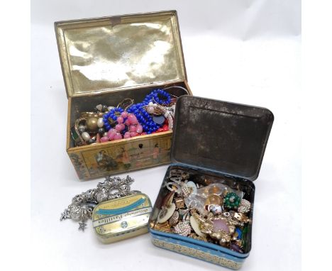 2 x vintage tins (largest with chinoiserie detail) containing costume jewellery - SOLD ON BEHALF OF THE NEW BREAST CANCER UNI