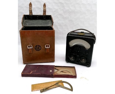 Vintage Avometer model 7 in original leather case (22cm x 20cm x 13cm and has replacement tags) t/w Rowney's mathematical ins