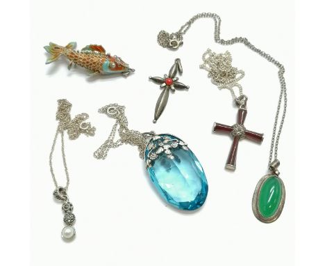 6 x silver pendants (enamel articulated fish unmarked) - 4 are on silver chains (longest 42cm chain unmarked) - total weight 