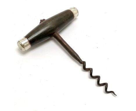 Antique 1902/03 mahogany handled corkscrew with silver hallmarked mounts by Christopher Johnson &amp; Co - 14cm long