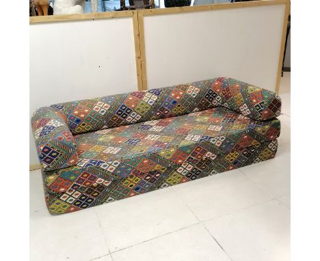 Liberty of London, Collier &amp; Campbell, Kuba textile pattern upholstered 3 part sofa bed, 200 cm wide, 76 cm deep, 60 cm h