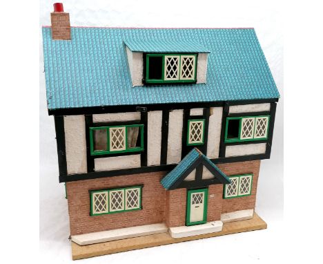 Vintage Tudor style front opening dolls house 67cm x 67cm x39cm high- in overall good used condition 
