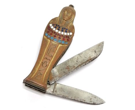 Antique Egyptian revival mummy shaped 2 bladed penknife with enamel detailing 4.5cm long - no obvious damage 