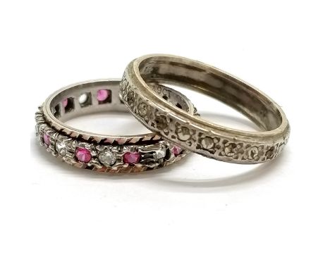 2 x 9ct / silver eternity rings - 1 set with ruby (size K) &amp; marcasite ring a/f - total weight 4.4g 