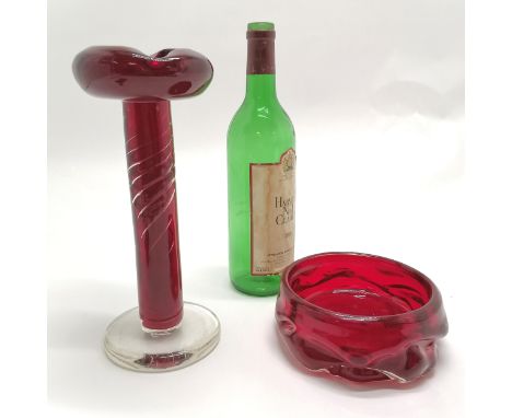 Red vintage art glass ashtray (26cm high) &amp; bowl (Whitefriars?) 