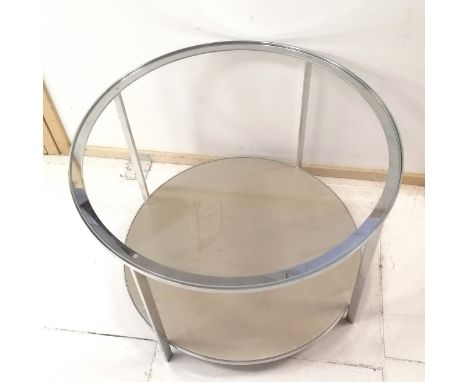 Retro chrome and glass circular table, with glass top and fabric covered shelf, 76 cm diameter, 54 cm high, in good condition