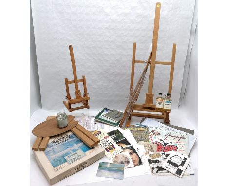 Folding artists easel t/w qty of mostly artist materials including watercolour paper, pastel paper, Windsor &amp; newton oil 