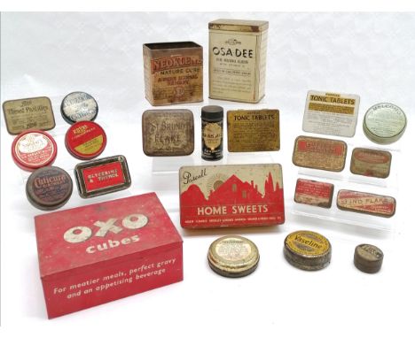 Qty of vintage &amp; antique advertising tins inc OXO, Sargent's typewriter, Erasmic shaving stick tin, medicinal etc 