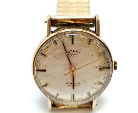 9ct gold cased Rotary gents manual wind wristwatch (30mm case) on a stretchy plated strap - dial has deterioration but runs ~