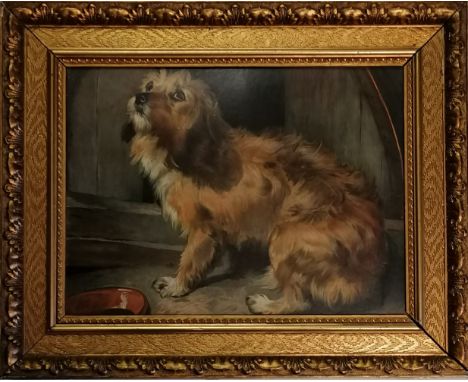 Gilt framed print of a terrier outside his kennel, some losses to frame 53.5 cm wide, 43 cm high - after 'There's no place li