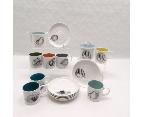 Susie Cooper fruit tea set- 6 cups ( 1 has star crack to base), 5 saucers, 2 plates , milk and sugar 