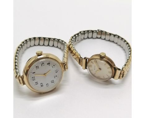2 x vintage 9ct gold cased manual wind wristwatches - larger has replacement movement &amp; both on stretchy gold plated brac
