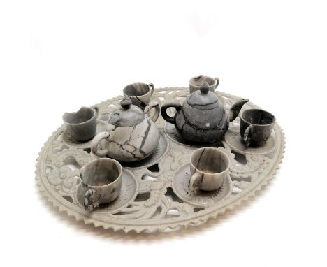 Oriental grey soapstone dragon detailed hand carved tray with teaset - 40cm across ~ 3 cups a/f &amp; sugar basin has repair 