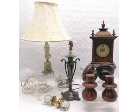 Antique oak cased clock (35cm &amp; runs), pair of cut crystal doorknobs, bronze lamp (42cm) etc - WE CANNOT GUARANTEE THE TI