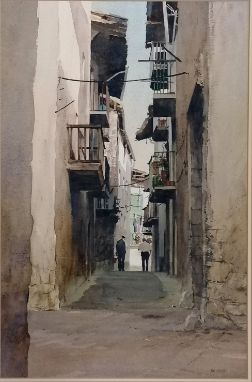 Framed watercolour painting of a street scene in Seo de Urgel (La Seu d'Urgell) by Deborah L Tilby - frame 77.5cm x 59.5cm 
