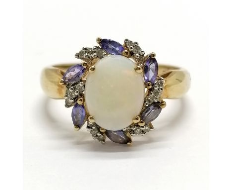 9ct hallmarked gold cabochon opal / diamond (18) / tanzanite (6) cluster ring - size T &amp; 3.4g total weight 