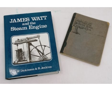 1989 book James Watt and the steam engine t/w note book with written descriptions / drawings of farm machinery 
