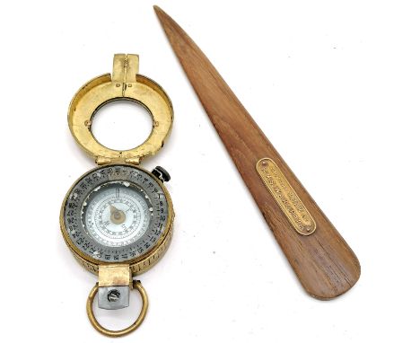 GEC 1940's military marching compass No B136852 - 6cm diameter t/w letter opener made from teak of H.M.S. Warspite 