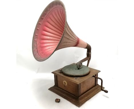 Vintage gramophone, working order but does need some attention, signs of worm to case, t/w HMV needles tin, and some 78 recor