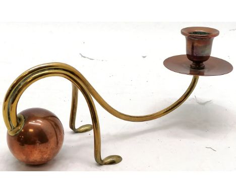 Arts and Crafts Benson style Copper and brass counterweight balanced candle stick, marked on the base C D E, 25 cm length, 7.