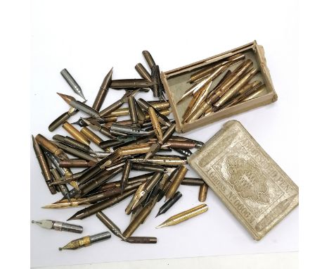 Qty of vintage pen nibs inc Esterbrook, C Brandauer, Hughes with Rup diffuser, D Leonardt etc + original Abbotsford box 
