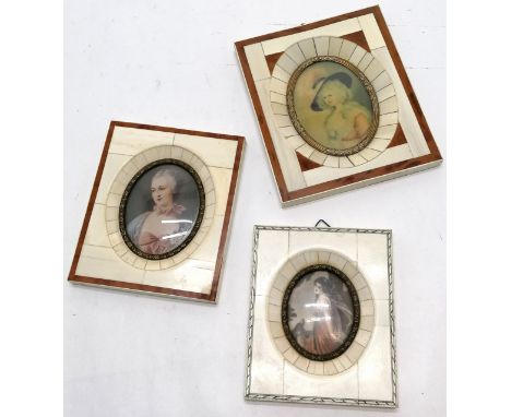 3 Vintage Boudoir portrait miniatures in faux veneered frames. Largest measures 12 x 14.5cm. 