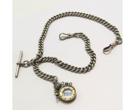 Antique silver marked double albert chain (36cm) with compass fob (8cm drop) ~ 68g total weight