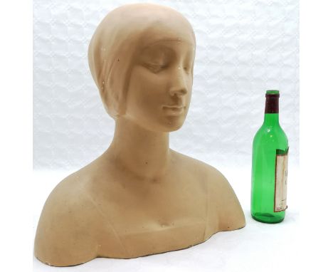 Vintage plaster bust of a female after Wiener Werkstatte- 44cm high x 42cm across &amp; slight losses to paint detail otherwi